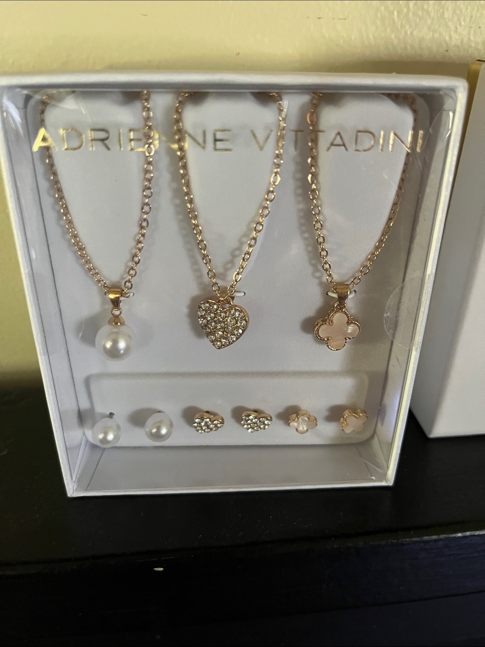 Adrienne Vittadini Rose Gold Necklace & Earring Set with Pink Enamel Accents NEW